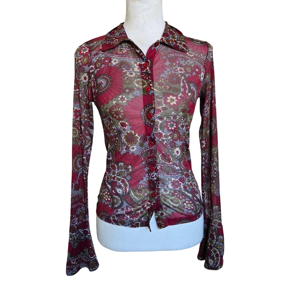 Vtg y2k Charlotte‎ Russe Floral Paisley Print Sheer Button Down Long Sleeve Top